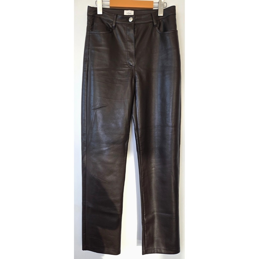 Aritizia Wilfred Vegan Faux Leather Pants Straight Leg Highrise Brown Zip Up Lux